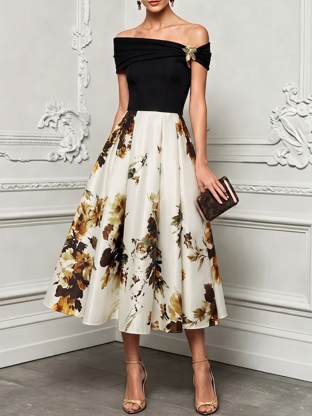 Black Metal Floral Knit Off The Shoulder Short Sleeve A-Line Midi Dress