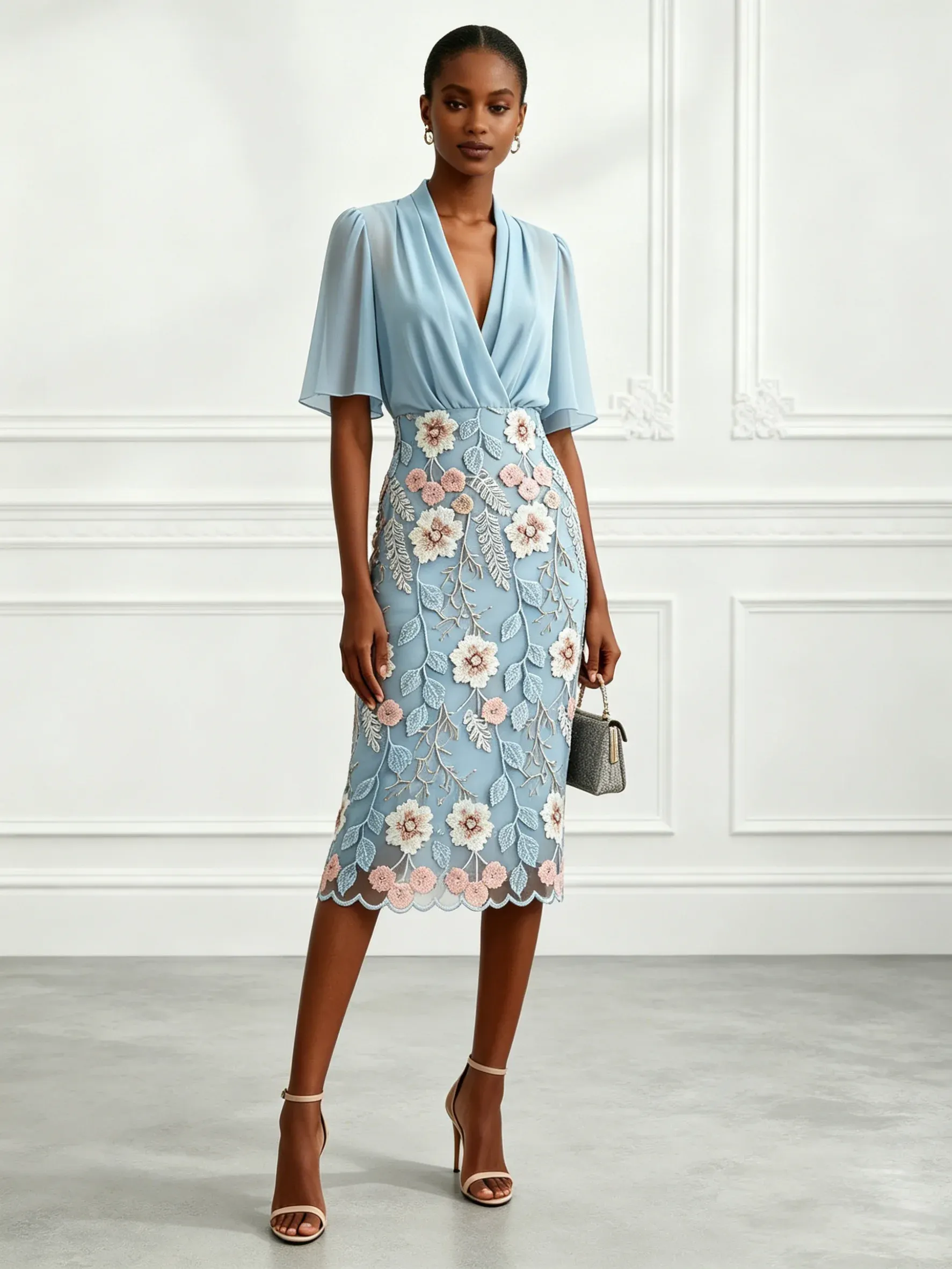 Light Blue Classic V Neck Half Sleeve Bell Sleeve Sheath Midi Dress