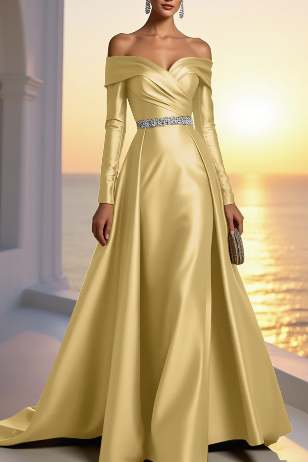 Formal Champagne Satin Dress Off The Shoulder Long Sleeve Maxi Gown