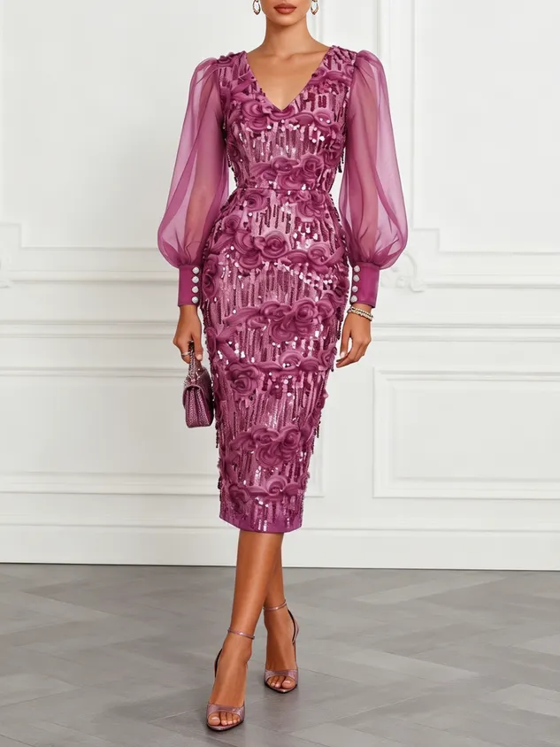 Purple 3D Floral Sequin V Neck Long Sleeve Balloon Sleeve Sheath Midi Dress