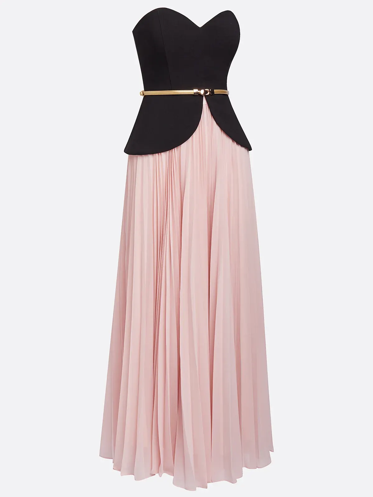 Women Pink Pleated Strapless Sleeveless Dressy Top With Skirt Two-Piece Set