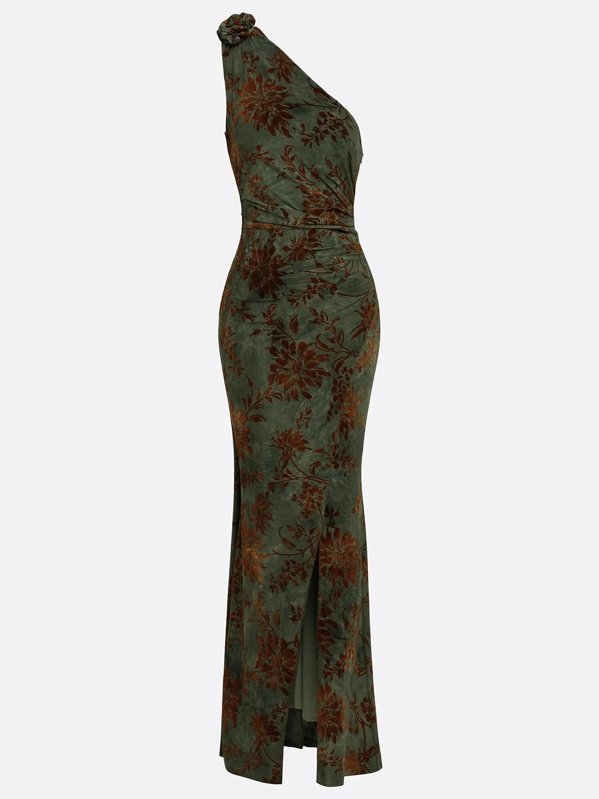 Green 3D Floral Side-Slit Classic One Shoulder Sleeveless A-Line Gown Dress