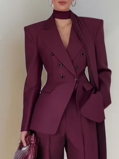 Women Wine Red Buckle Shoulder Pad Lapel Collar Long Sleeve Dressy Blazer With Pants Two-Piece Set