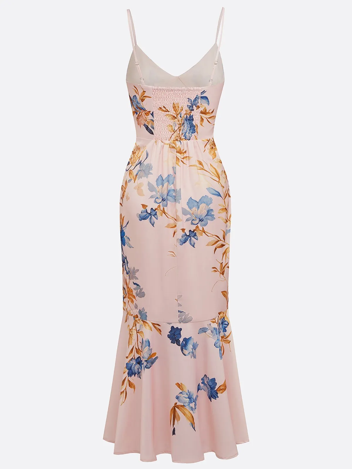 Pink Floral Satin Spaghetti Gallus Mermaid Midi Dress