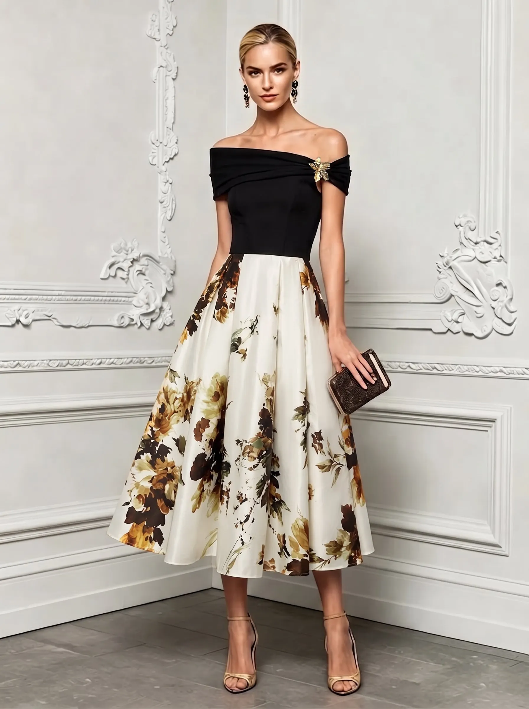 Black Metal Floral Knit Off The Shoulder Short Sleeve A-Line Midi Dress