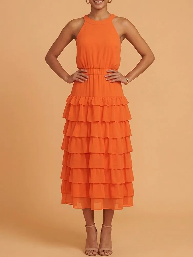 Burnt Orange Halter Tiered Ruffle Maxi Bridesmaid Dress