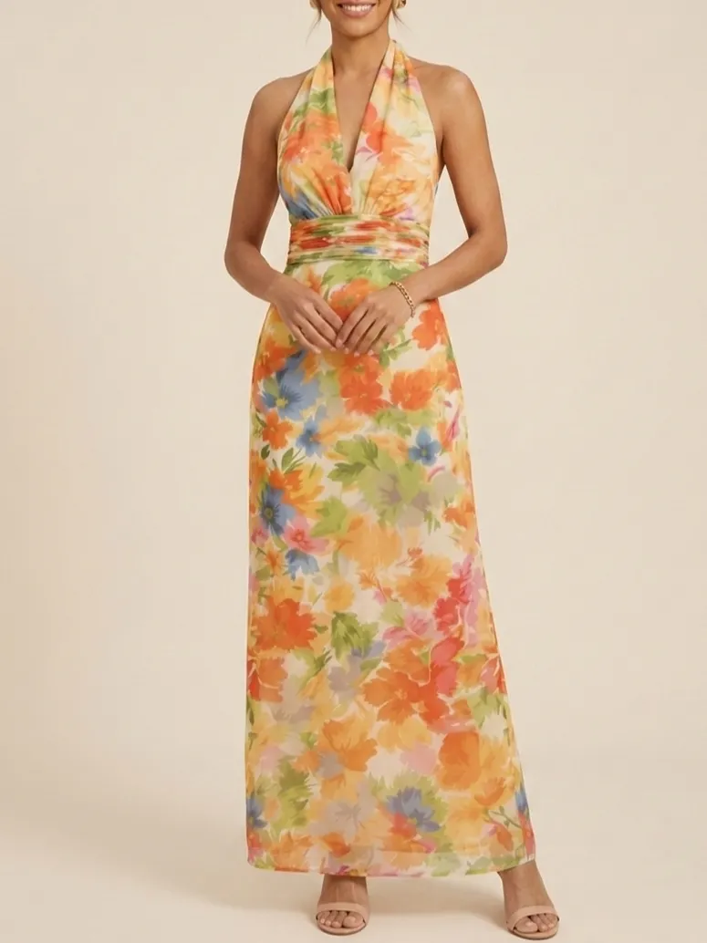 Elegant Floral Halter Chiffon Maxi Dress - Sophisticated Mother of the Bride & Groom Gown