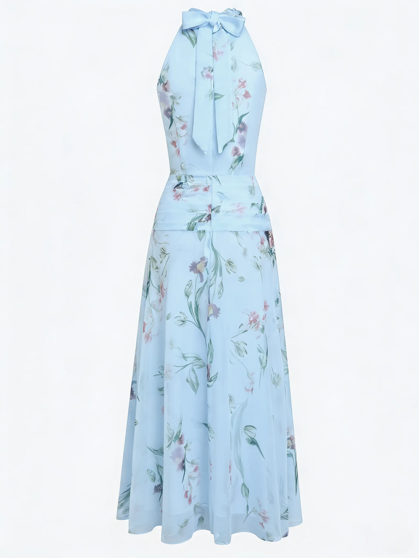 Light Blue Ruched Floral Chiffon Halter Neck Sleeveless A-Line Floor-length Gown Dress