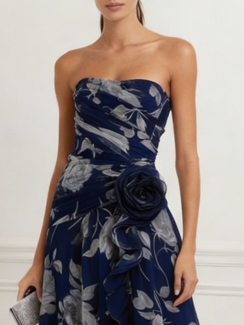 Purplish Blue Floral 3D Floral Tulle Strapless Sleeveless A-Line Floor-length Gown Dress - Purplish Blue