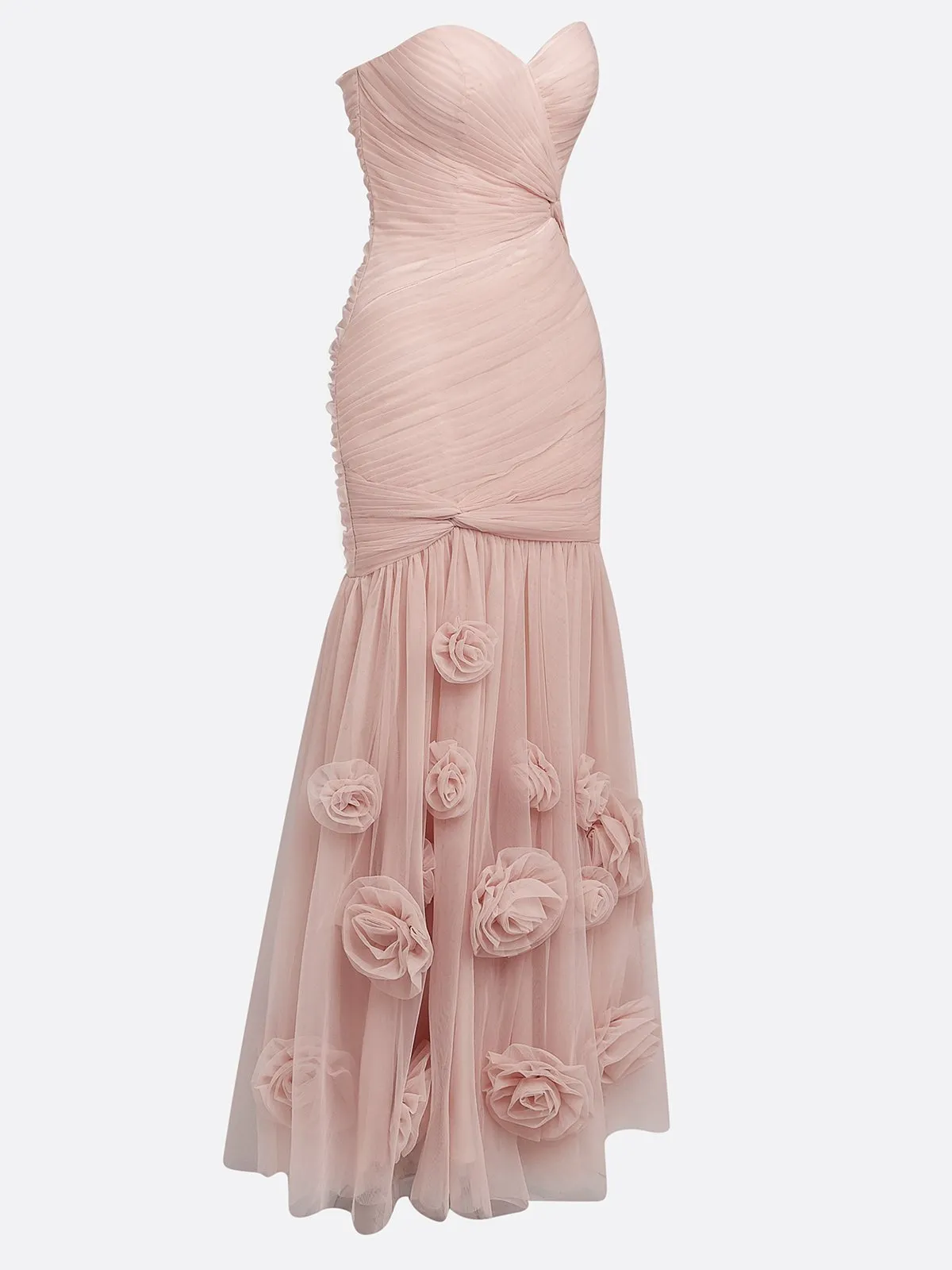 Pink 3D Floral Ruched Tulle Strapless Sleeveless Mermaid Gown Dress