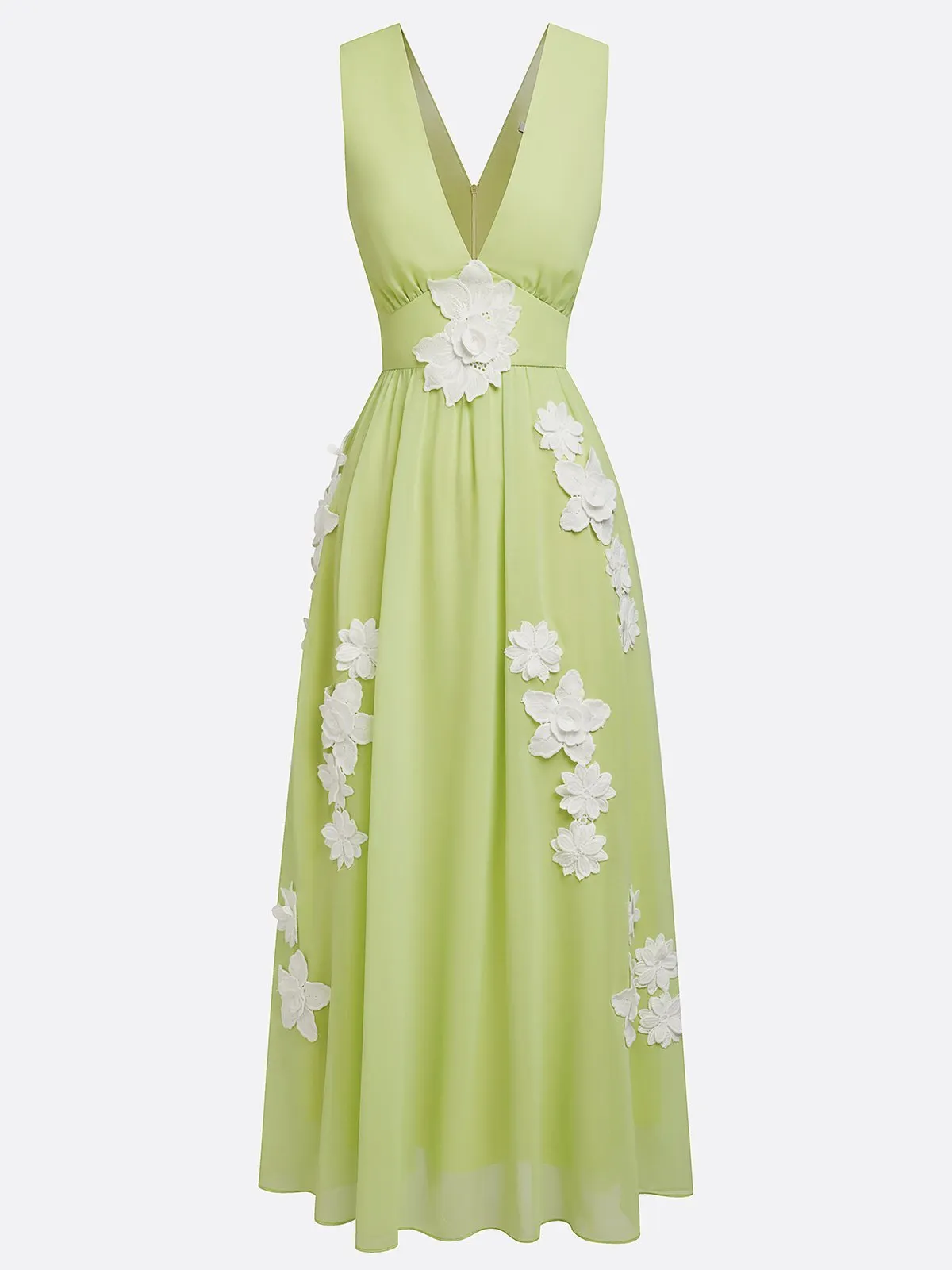 Light Green Applique Chiffon V Neck Sleeveless A-Line Maxi Dress