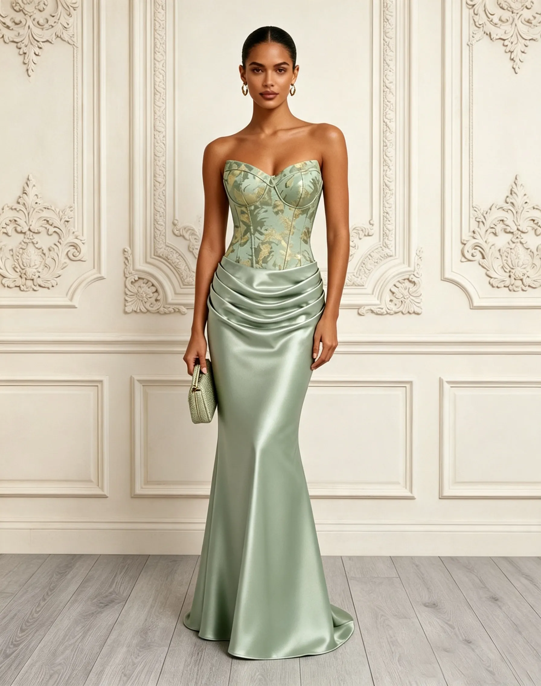 Lightgreen Floral Satin Strapless Sleeveless Mermaid Gown Dress