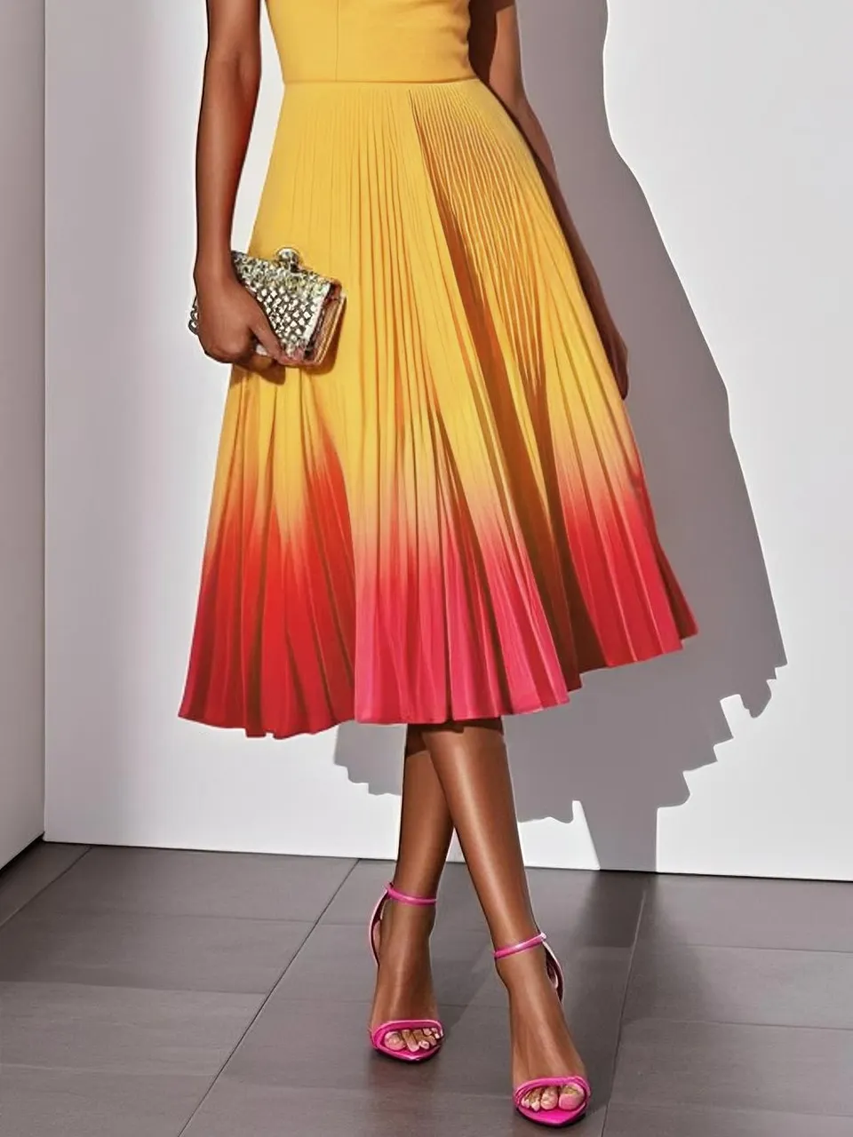 Yellow Pleated Ombre Classic Square Neck Sleeveless A-Line Midi Dress