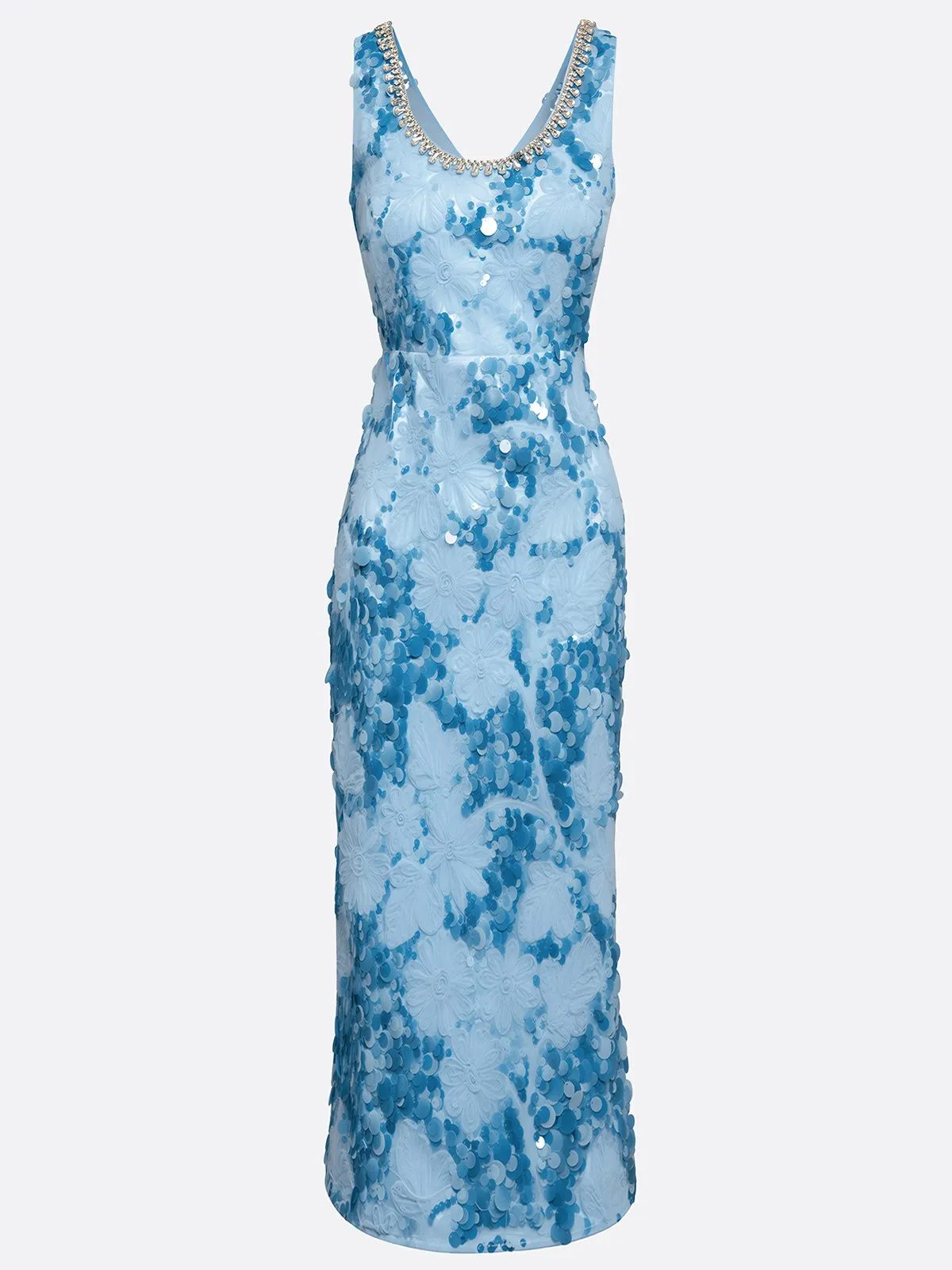 Light Blue Rhinestone 3D Floral Sequin U-Neck Sleeveless Sheath Midi Dress