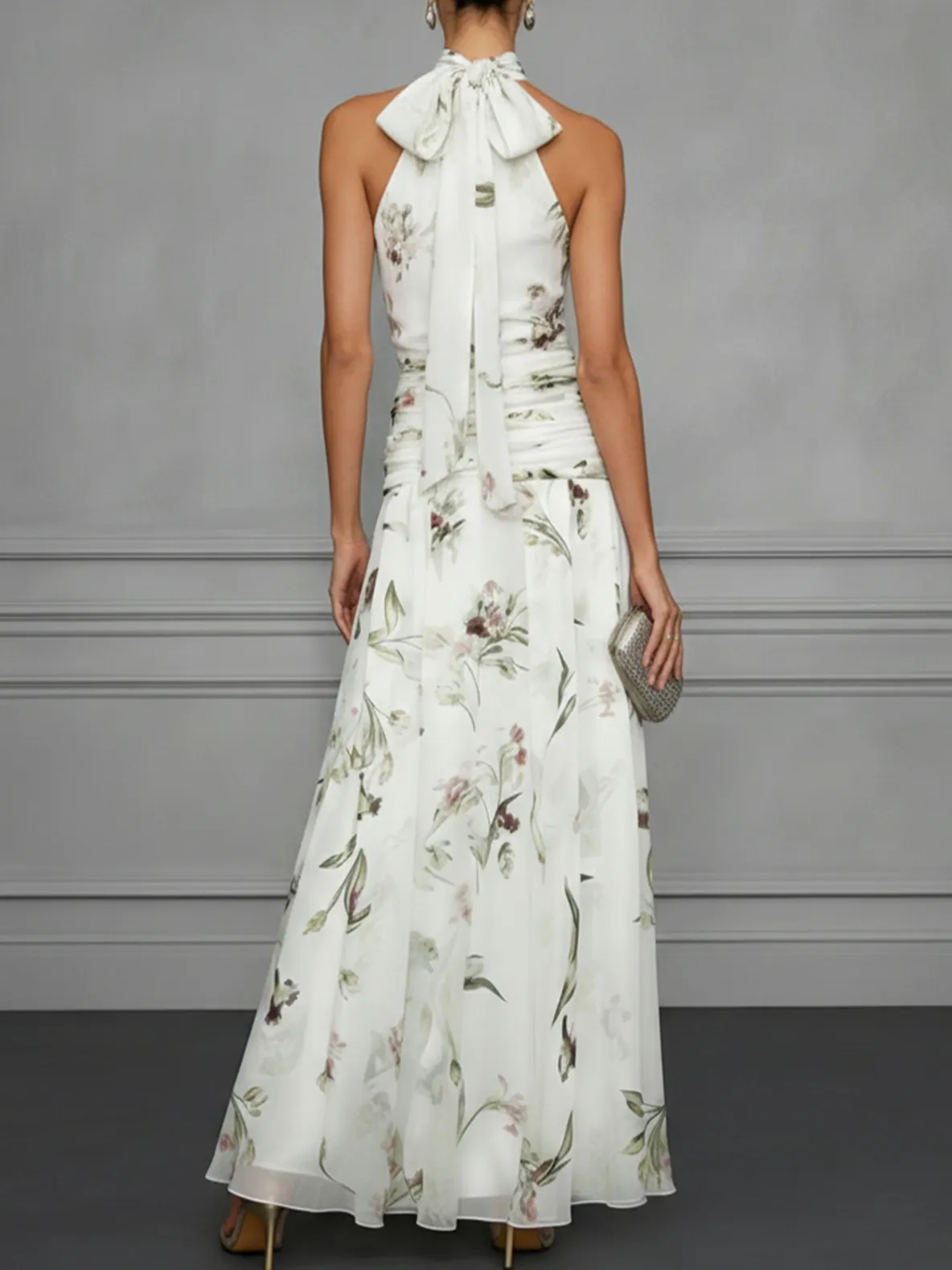 White Ruched Floral Chiffon Halter Neck Sleeveless A-Line Floor-length Gown Dress