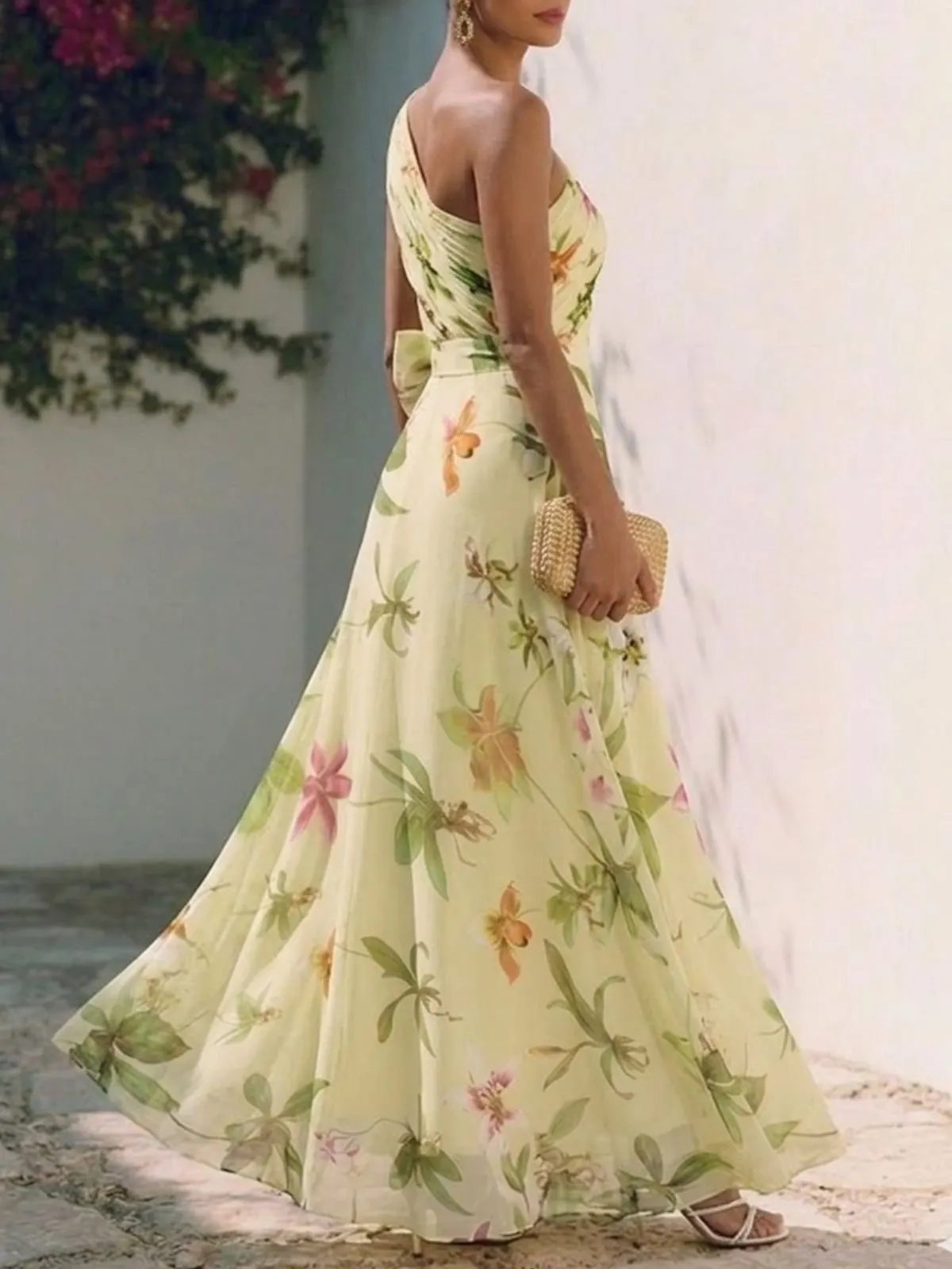 Yellow Floral Bow Chiffon One Shoulder Sleeveless A-Line Maxi Dress