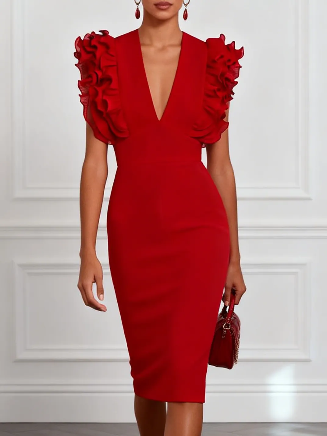 Red Peplum Classic V Neck Sleeveless Sheath Midi Dress - Red