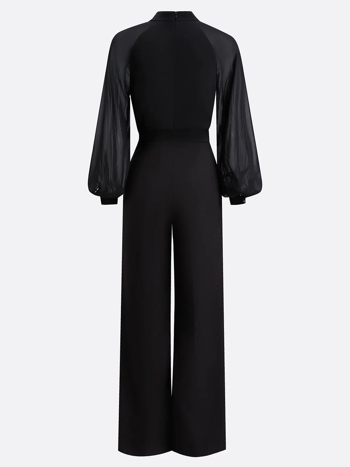Women Black Metal Buckle Mock Neck Long Sleeve Balloon Sleeve Dressy Jumpsuit