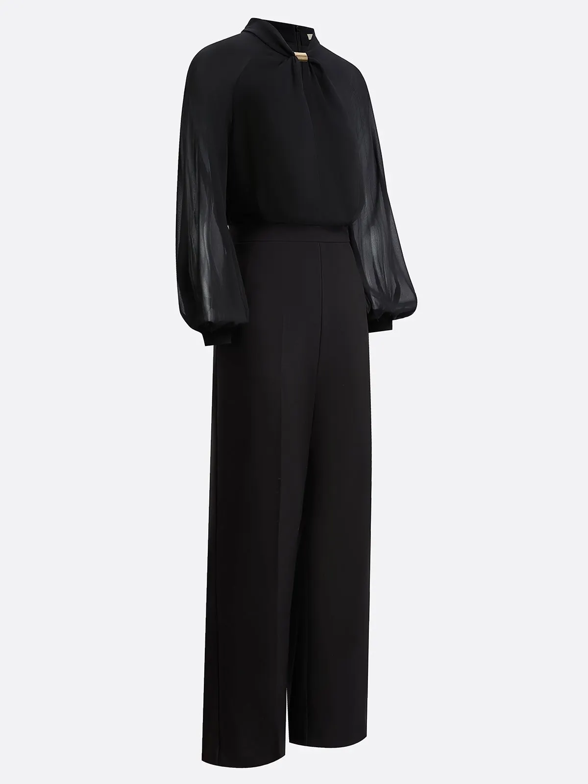 Women Black Metal Buckle Mock Neck Long Sleeve Balloon Sleeve Dressy Jumpsuit