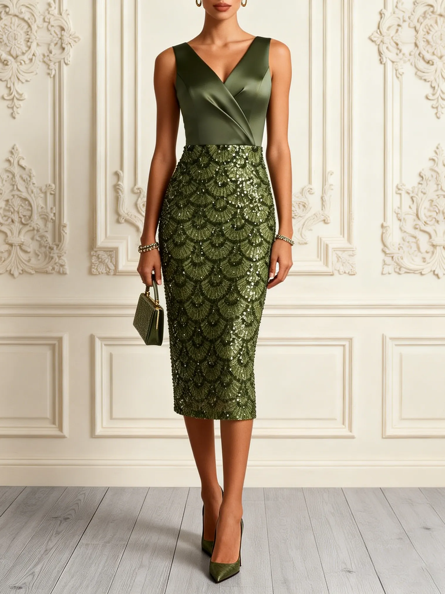 Army Green Glitter Sequin V Neck Sleeveless Sheath Midi Dress