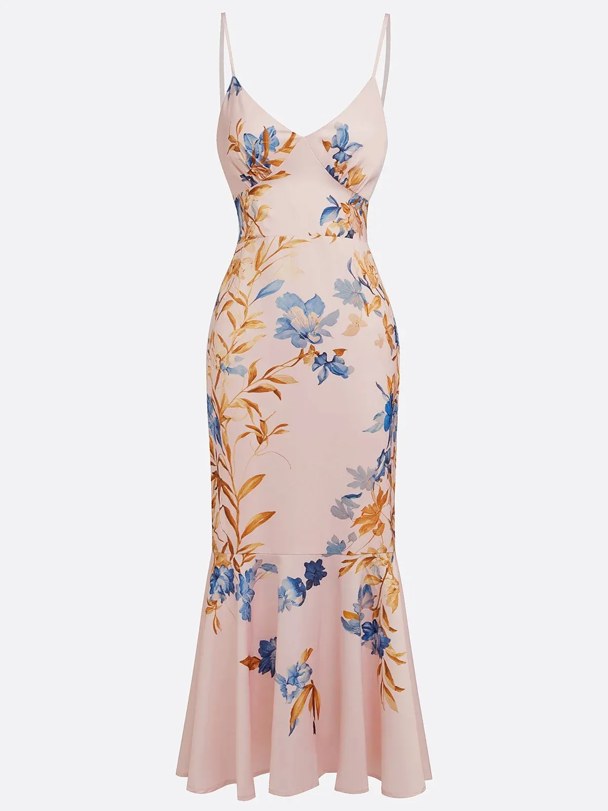 Pink Floral Satin Spaghetti Gallus Mermaid Midi Dress
