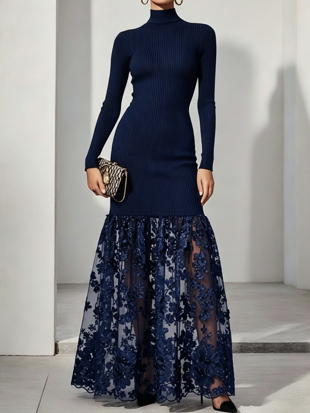 Black Mesh Floral Appliqué Knit Mock Neck Long Sleeve A-Line Maxi Dress