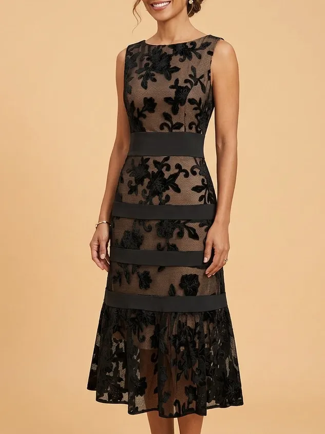 Elegant Black Floral Lace Midi Dress for Mother of the Bride or Groom
