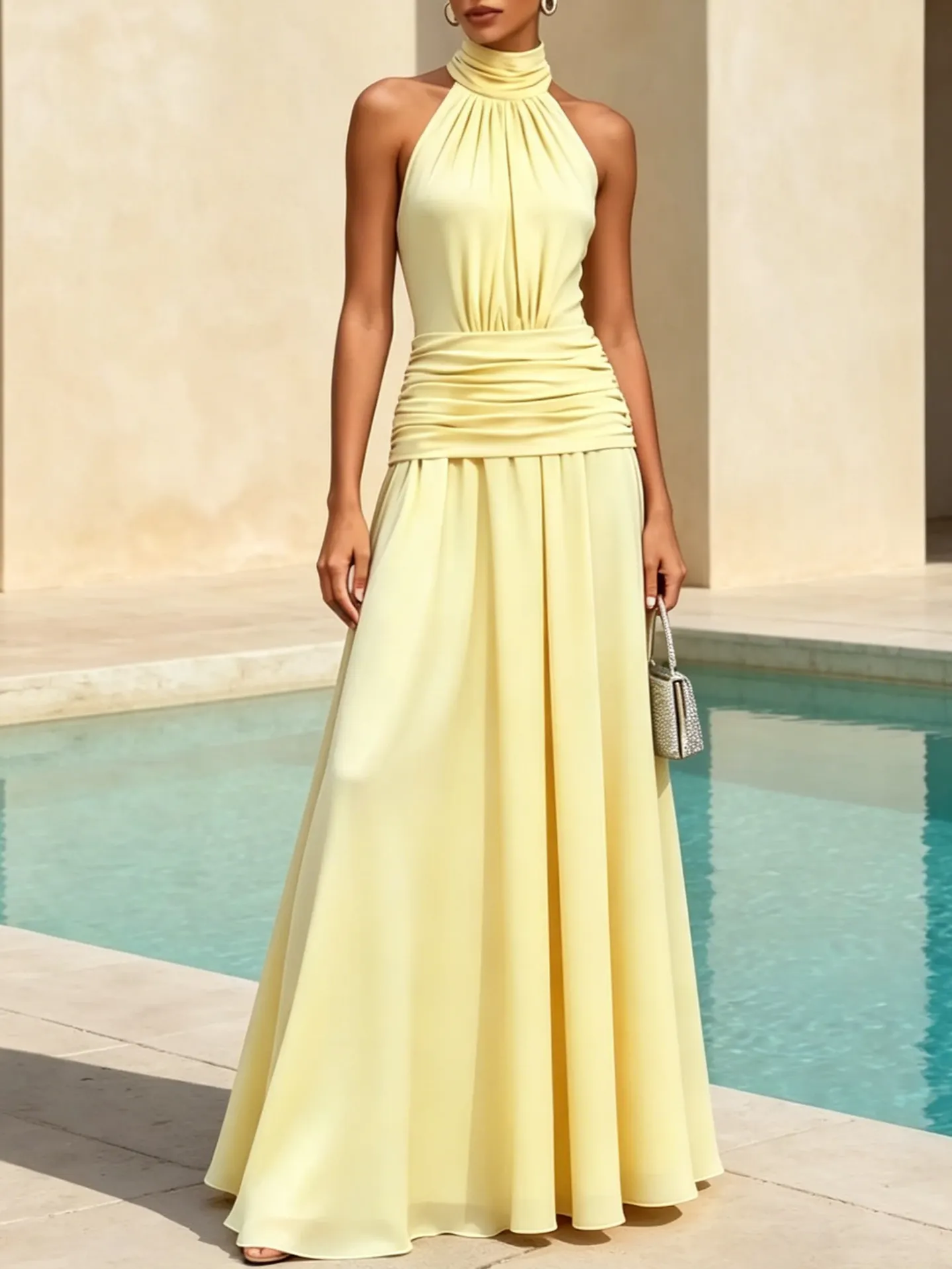 Yellow Ruched Chiffon Halter Neck Sleeveless A-Line  Gown Dress - Yellow