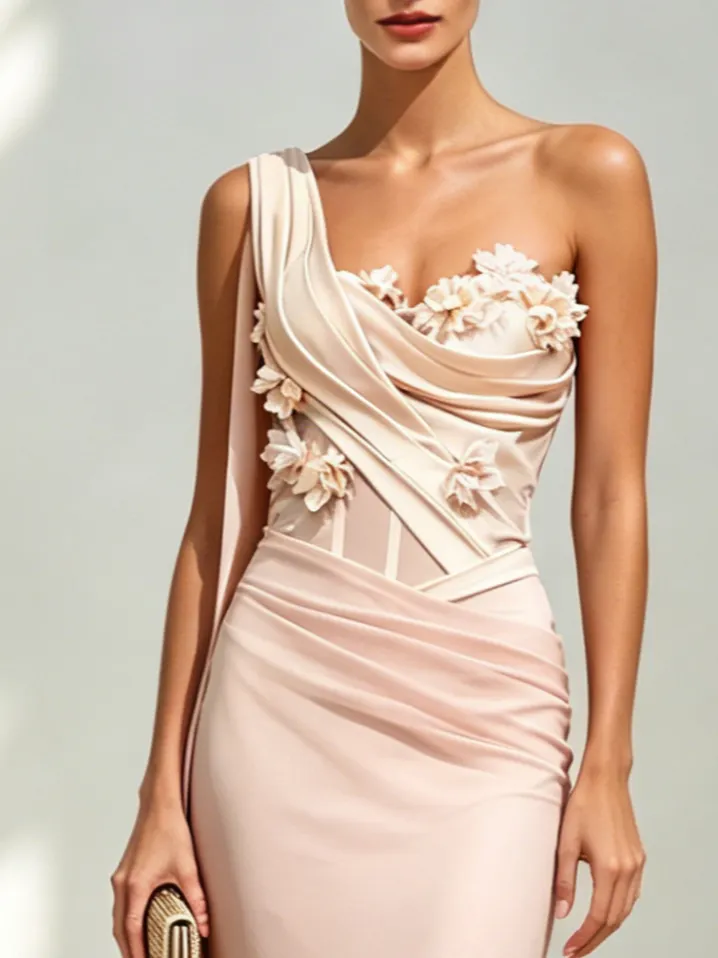Pink 3D Floral Classic One Shoulder Sleeveless Corset Sheath Floor-length Gown Dress