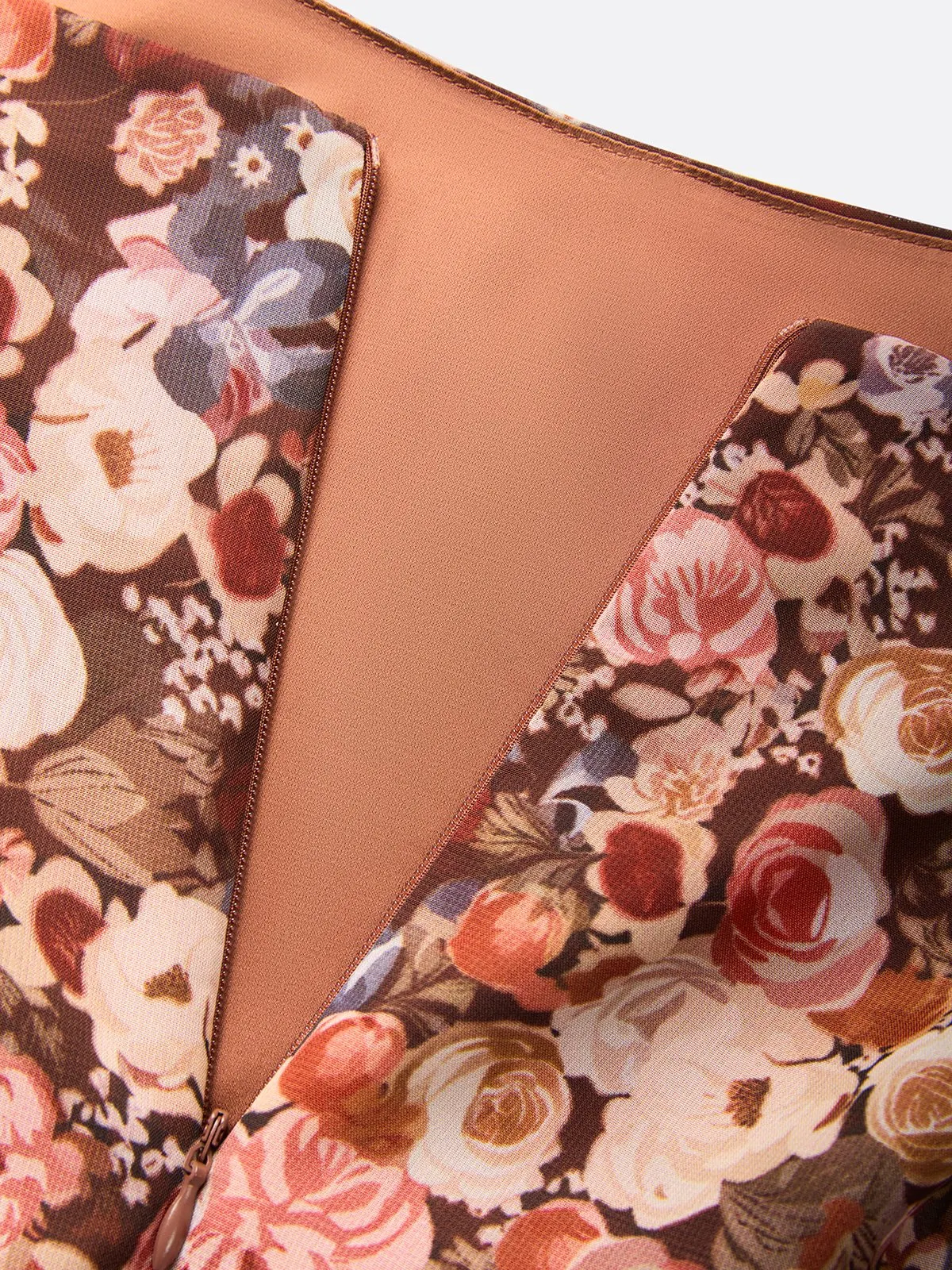 Red Brown Floral Chiffon Crew Neck Sleeveless A-Line Midi Dress