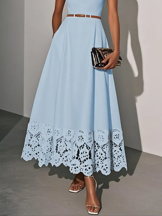 Light Blue Lace Classic Square Neck Sleeveless A-Line Maxi Dress