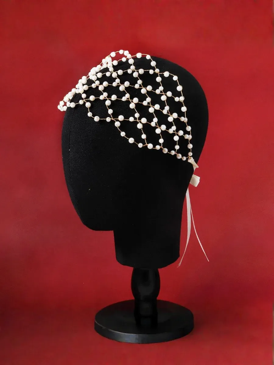 Handmade Beaded Pearl Mesh Wedding Dress Headbands For Brides