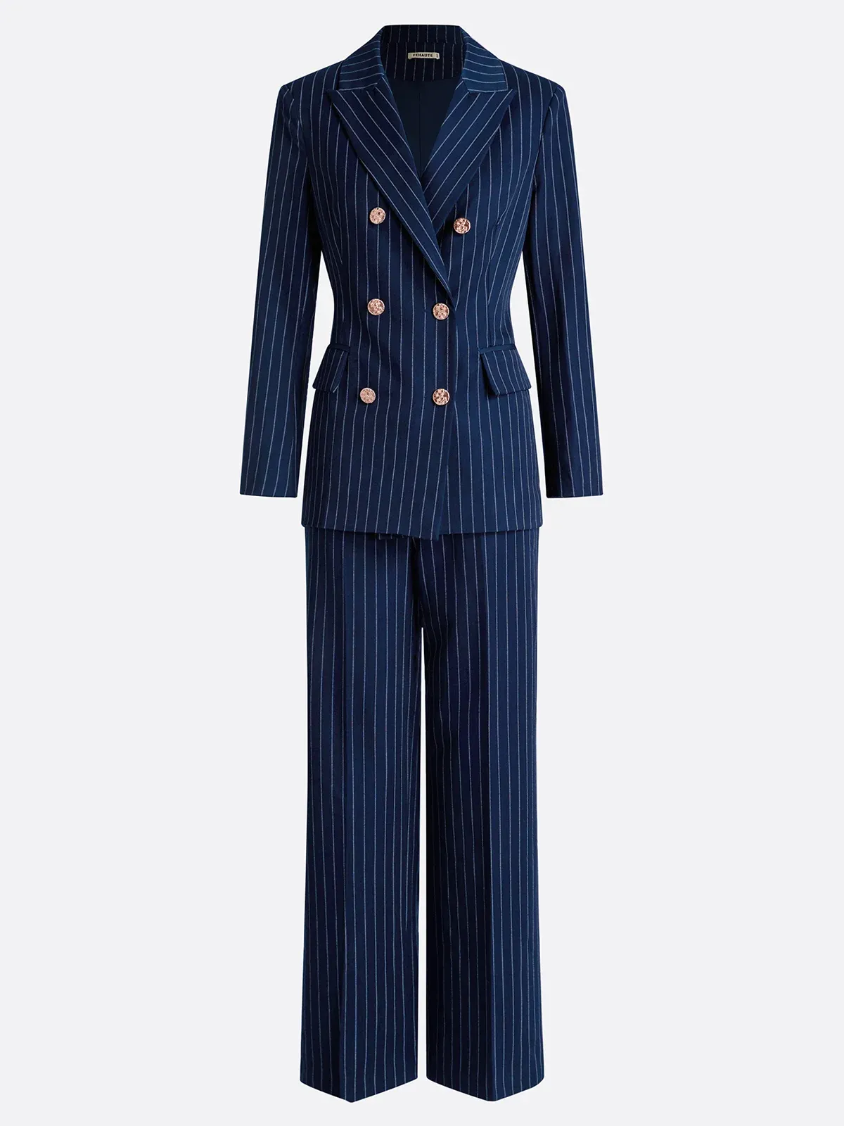 Women Navy Blue Buckle Lapel Collar Long Sleeve Dressy Blazer With Pants Two-Piece Set