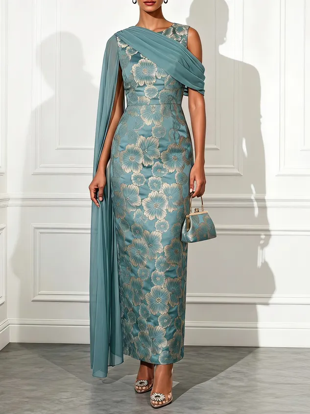 Cyan Jacquard Classic Crew Neck Sleeveless Sheath Maxi Dress