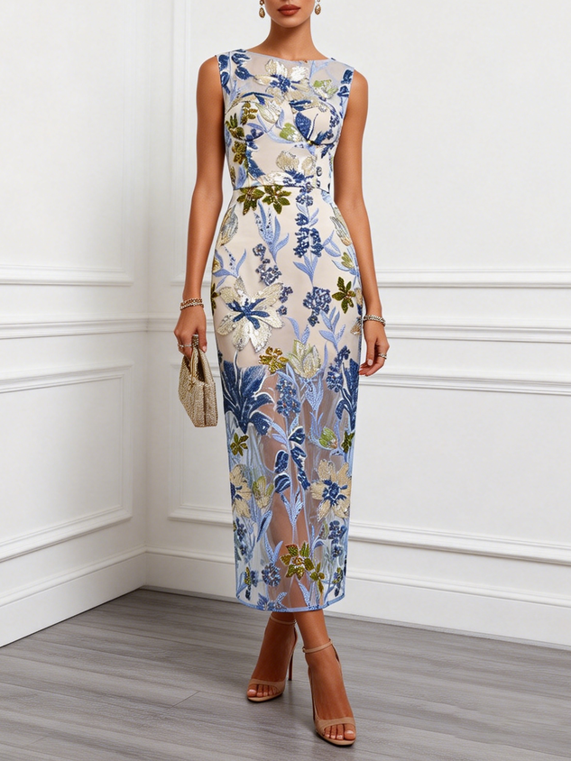 Blue Sequin Embroidery Classic Boat Neck Sleeveless Mermaid Floor-length Gown Dress