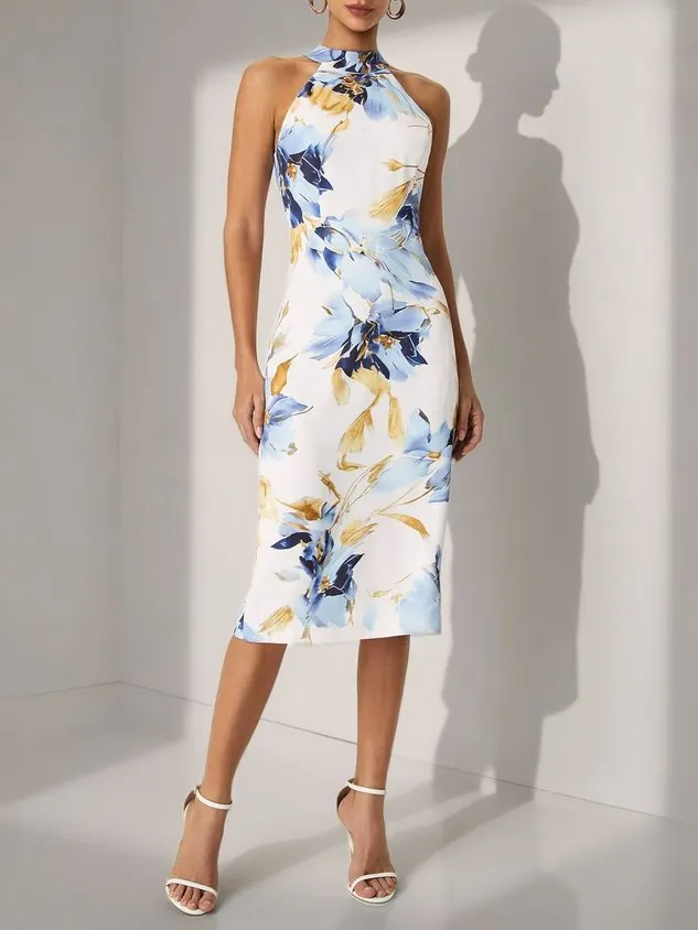 Blue Floral Satin Halter Neck Sleeveless Sheath Midi Dress