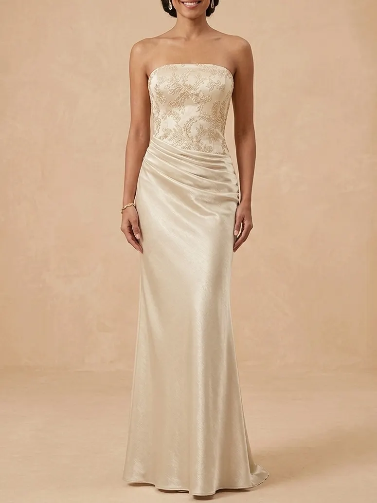 Strapless Satin Mother of the Bride Dress with Embroidered Bodice