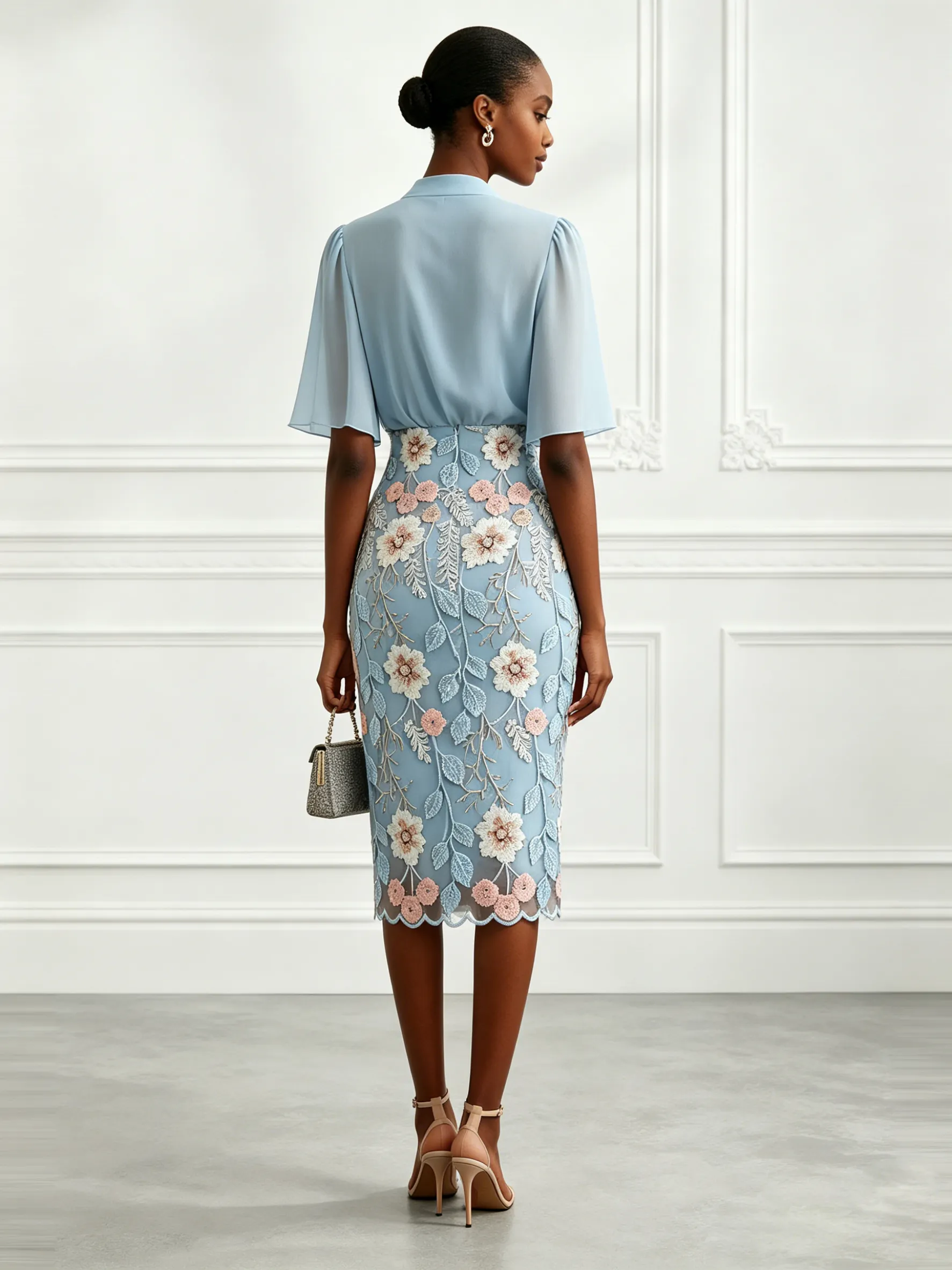 Light Blue Classic V Neck Half Sleeve Bell Sleeve Sheath Midi Dress