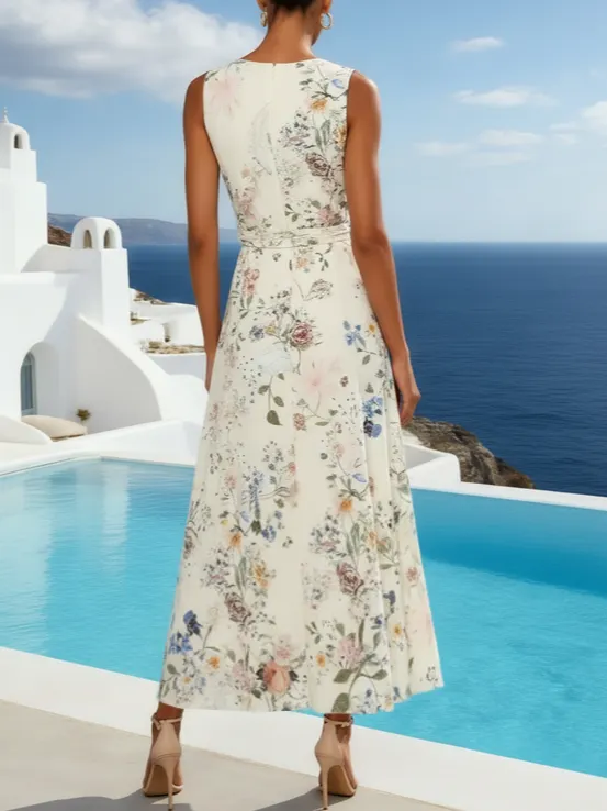 White Floral Classic V Neck Sleeveless A-Line Maxi Dress - White