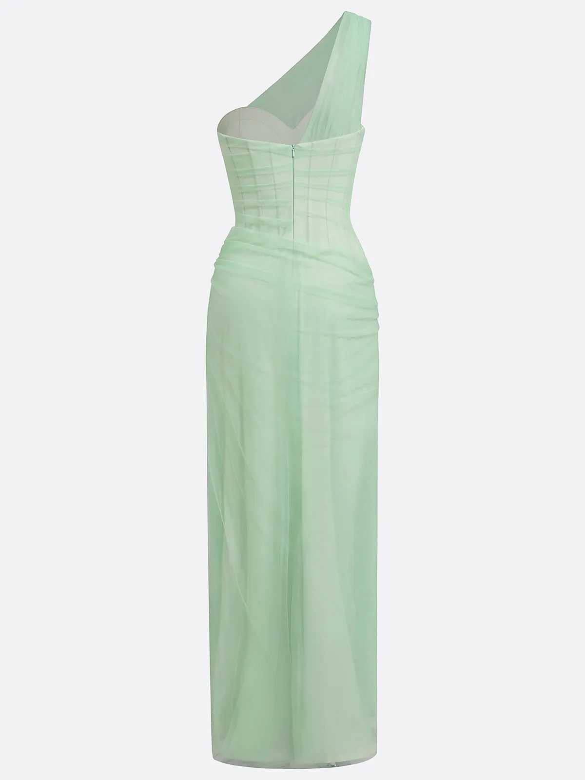 Green Chiffon One Shoulder Sleeveless Corset Sheath Floor-length Gown Dress