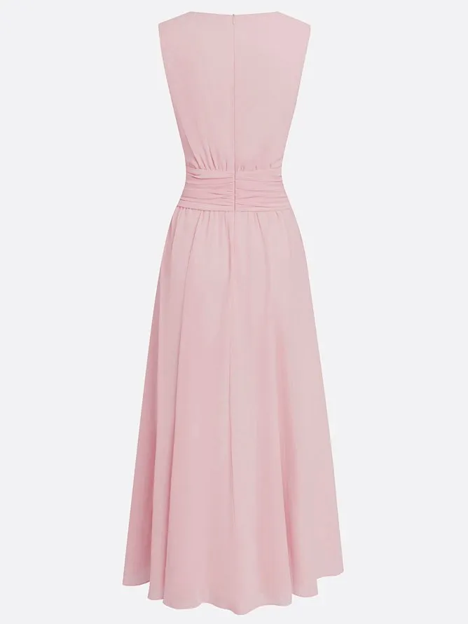 Light Pink Ruched Chiffon Crew Neck Sleeveless A-Line Maxi Dress