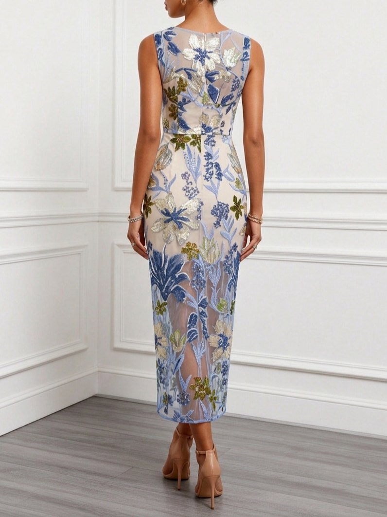 Blue Sequin Embroidery Classic Boat Neck Sleeveless Mermaid Floor-length Gown Dress