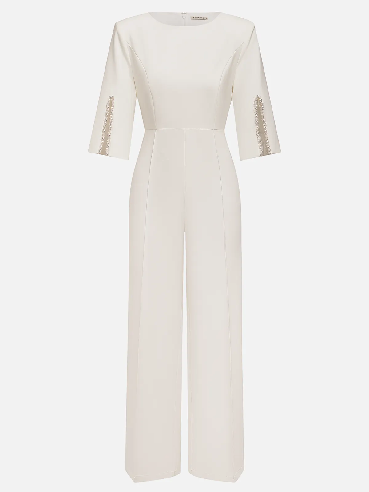 Women White Faux Pearl Slit Boat Neck Half Sleeve Dressy Jumpsuit