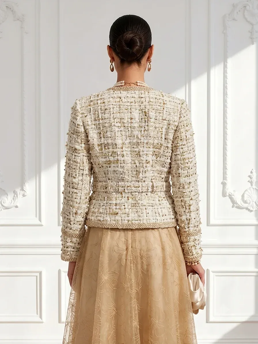 Women Spring/Fall Khaki Tweed Webbing V Neck Jacket