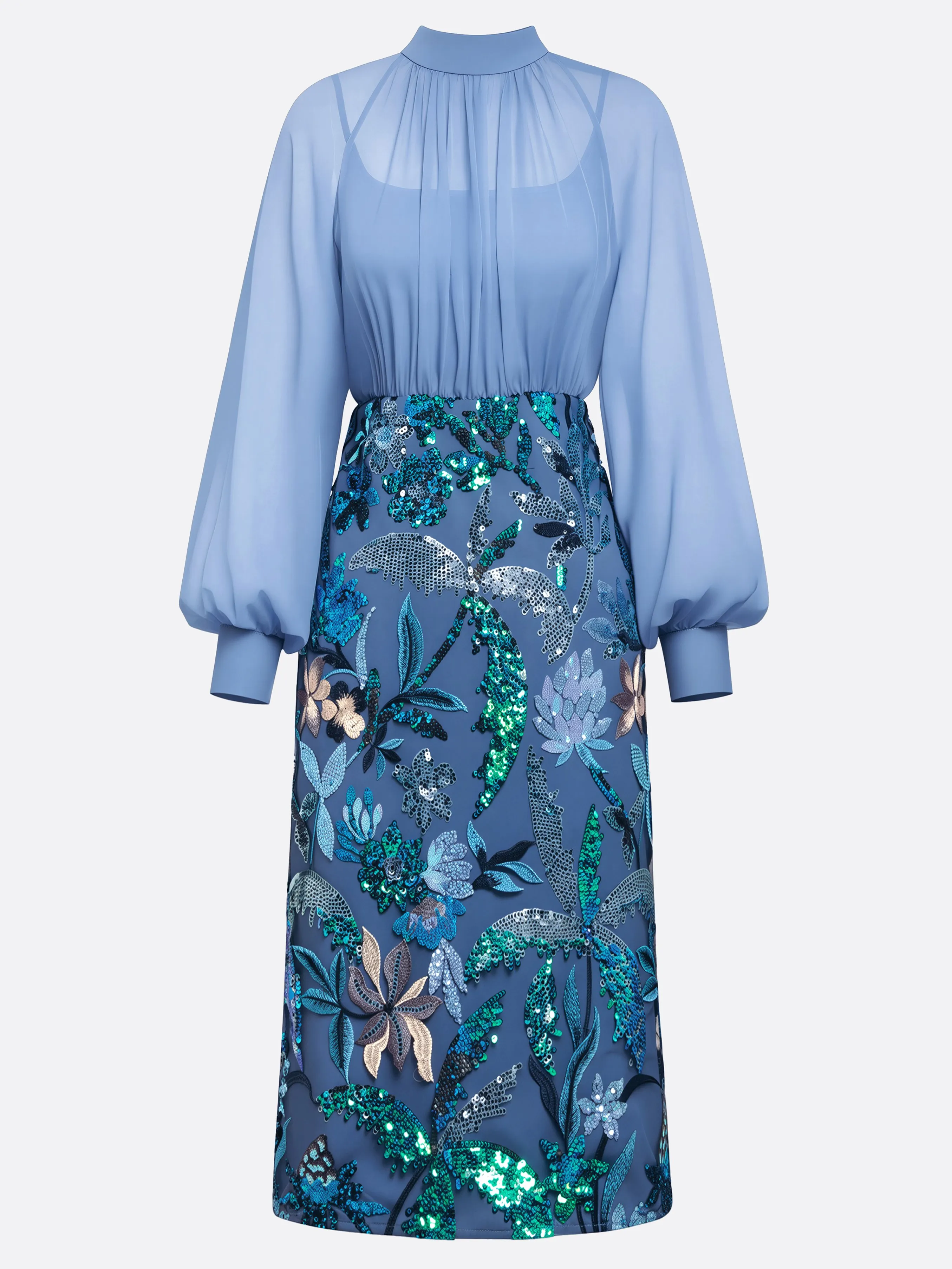 Blue Glitter Sequin Mock Neck Long Sleeve Balloon Sleeve Sheath Midi Dress