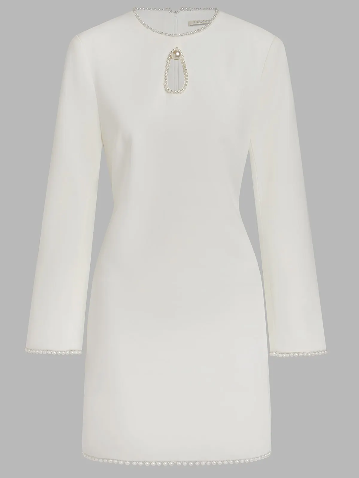 White Faux Pearl Cut Out Classic Crew Neck Long Sleeve Sheath Mini Dress