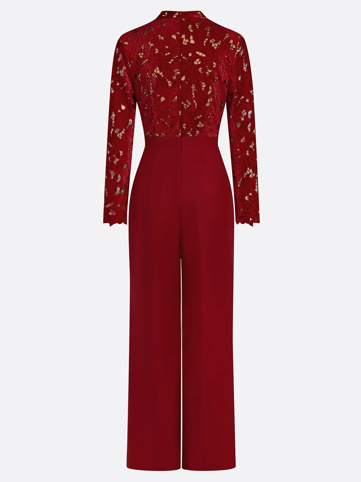 Women Wine Red Lace Flocked Mock Neck Long Sleeve Dressy Jumpsuit
