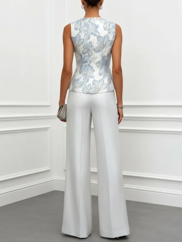 Women White Jacquard Floral Buckle Crew Neck Sleeveless Dressy Top With Pants Two-Piece Set