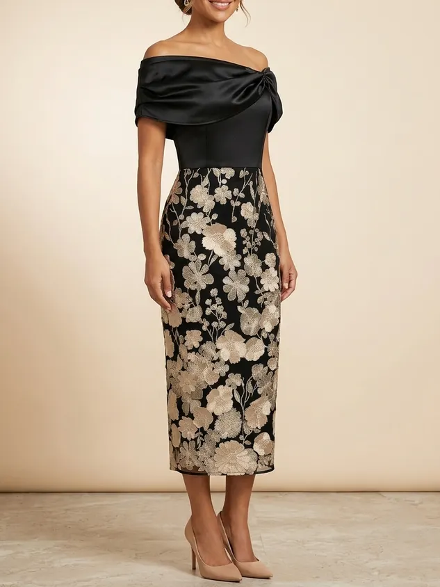 Black Off-the-Shoulder Midi Mother of the Bride Dress with Gold Floral Embroidery