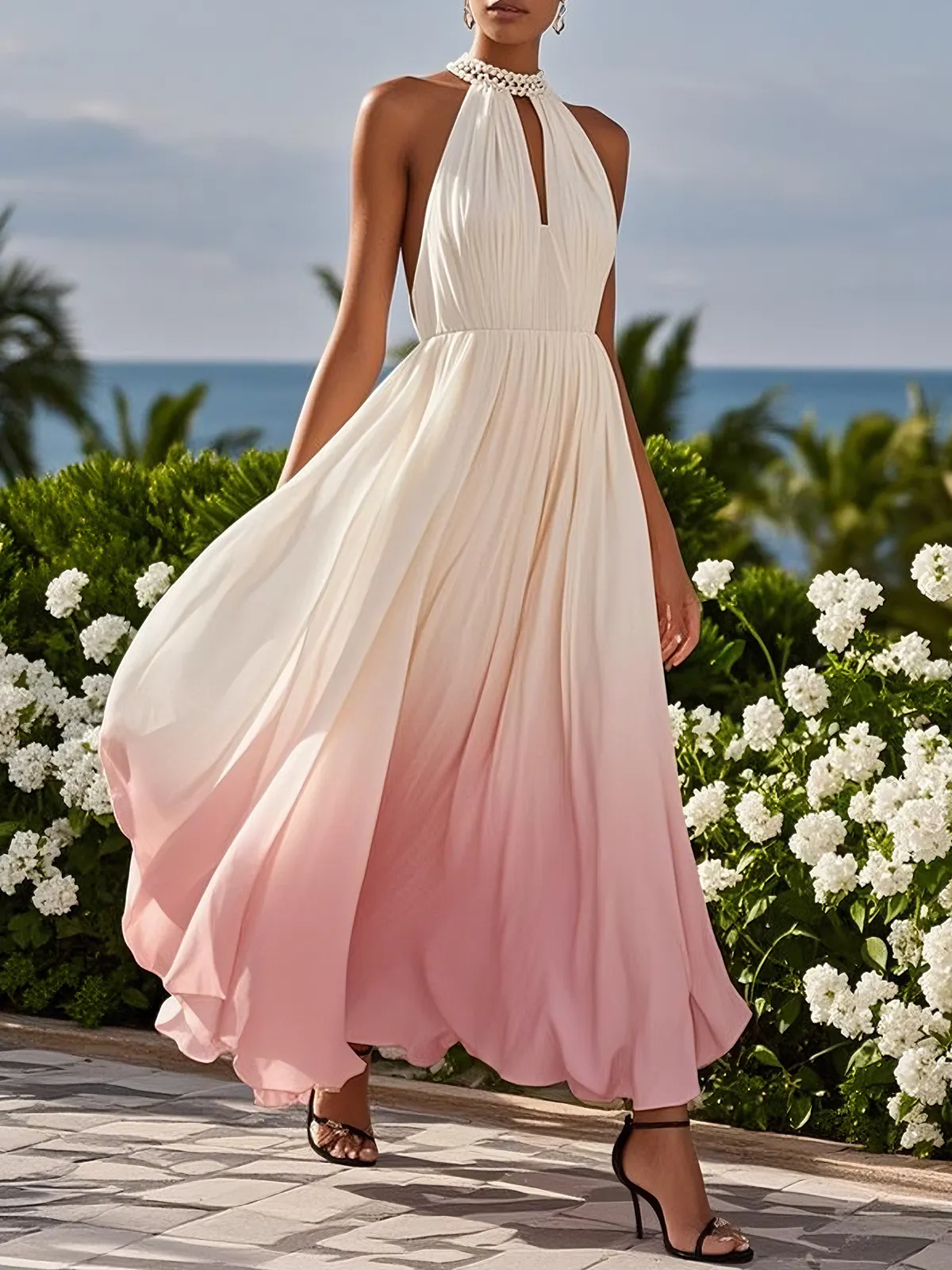 Pink Chiffon Halter Ombre Faux Pearl Cut Out Sleeveless A-Line Mock Neck Maxi Dress - Pink